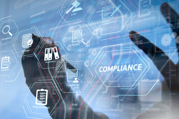 evocation of the Digital Markets Act with the words compliance, law, requirement displayed on a screen